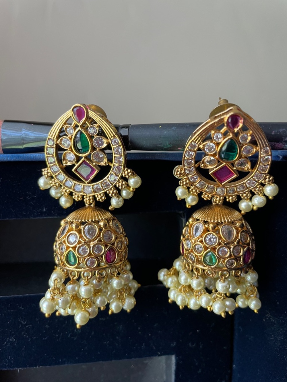 Gold-Tone Pearl Jhumka Earrings with Green & Pink Stones - Picture 3 of 5